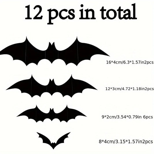 12PCS 3D Black Bat Wall Stickers – Halloween Party Decor for Walls, Windows & Indoor Spaces